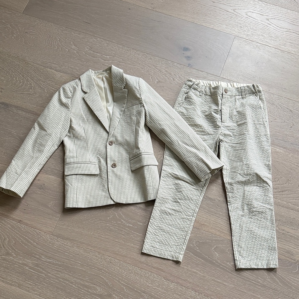 Kids Cream Striped Seersucker Suit Jacket & Pants Set